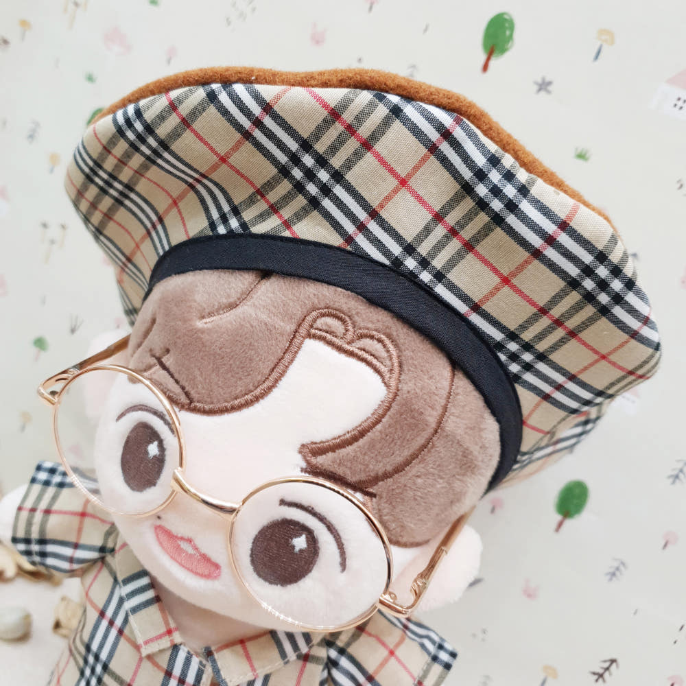 15cm/20cm 인형용 브라운 체크 베레모｜최애 인형 소품