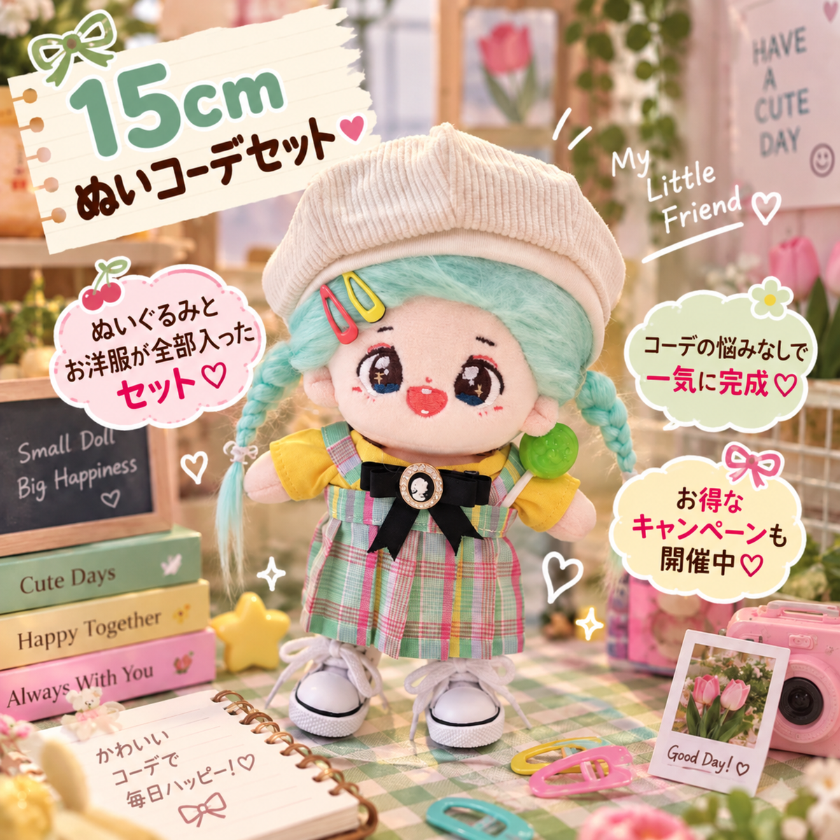 【ぬいぐるみ付き】15cm キャンディチェック フルコーデセット｜推しぬい服・アイドルぬい服