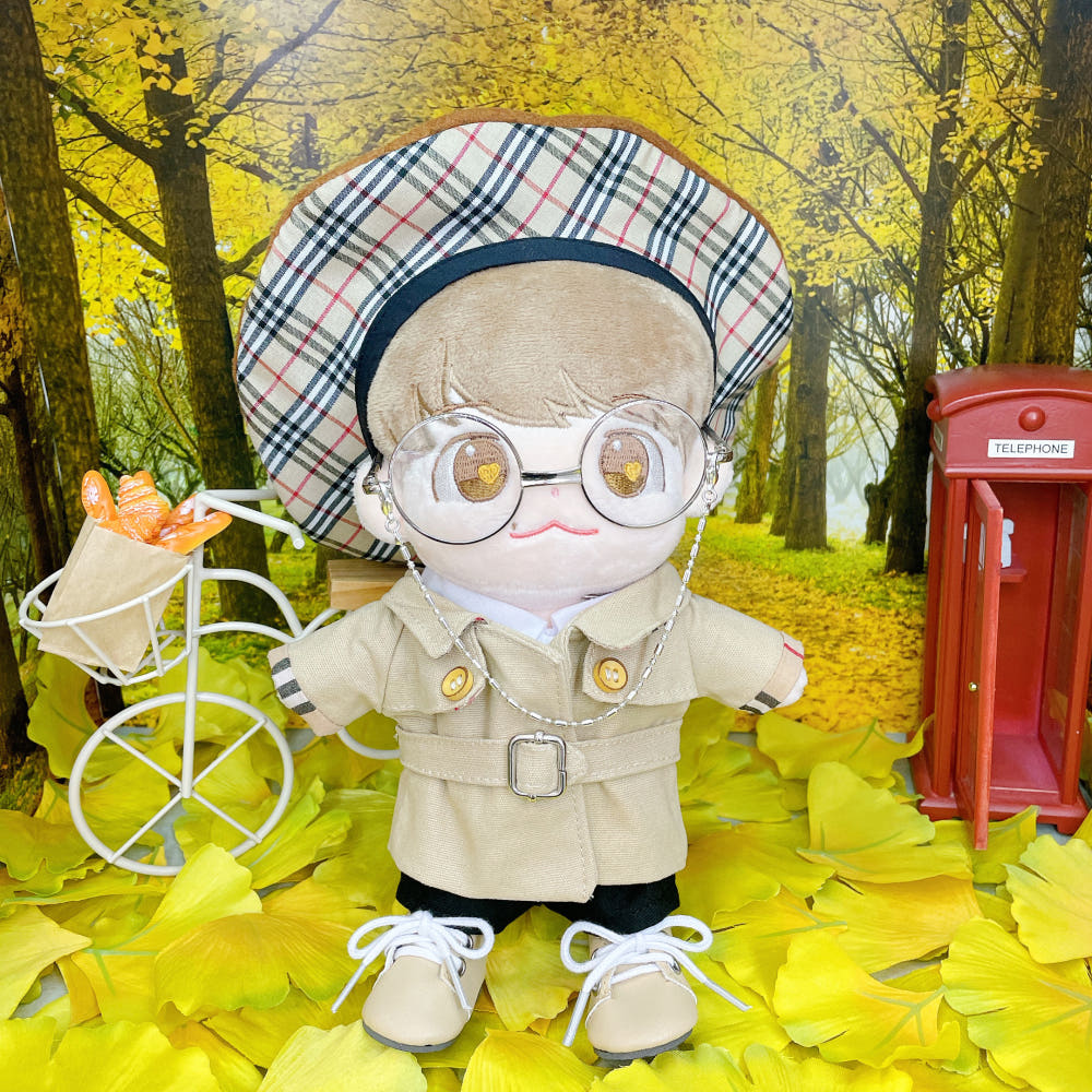 15cm/20cm 인형용 브라운 체크 베레모｜최애 인형 소품